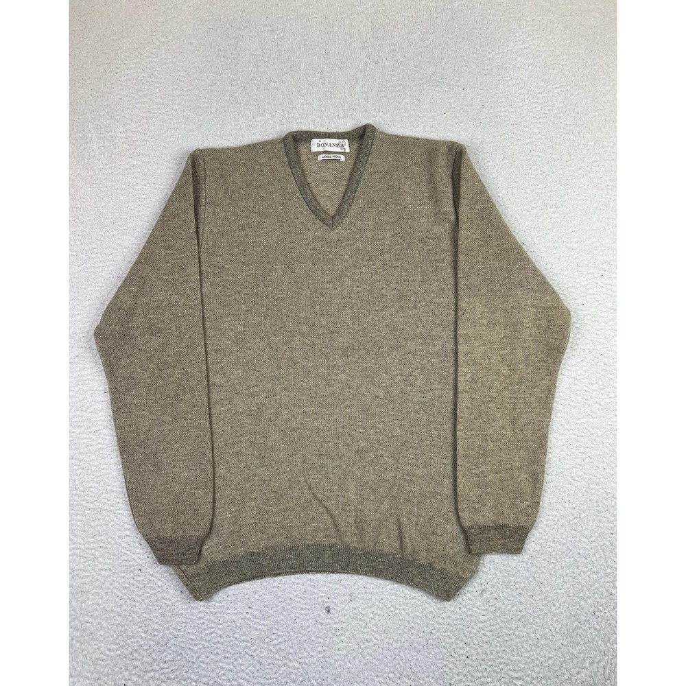 Bonanza Lambs Wool Sweater Mens 40 Beige V Neck Knit Pullover Casual Warm